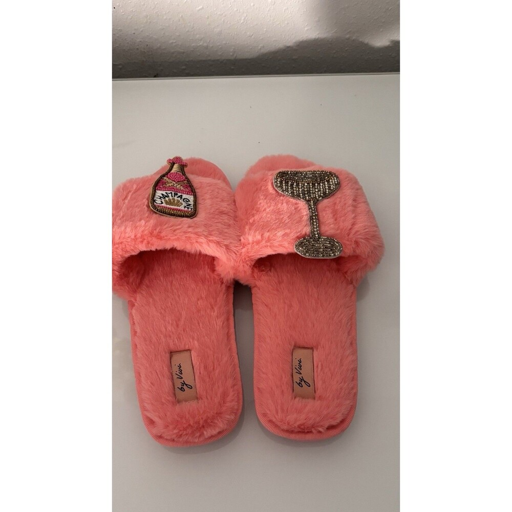 By Vici Pink Faux Fur Slide Slippers Beaded‎ Champagne Women's 9-10 - Picture 2 of 6
